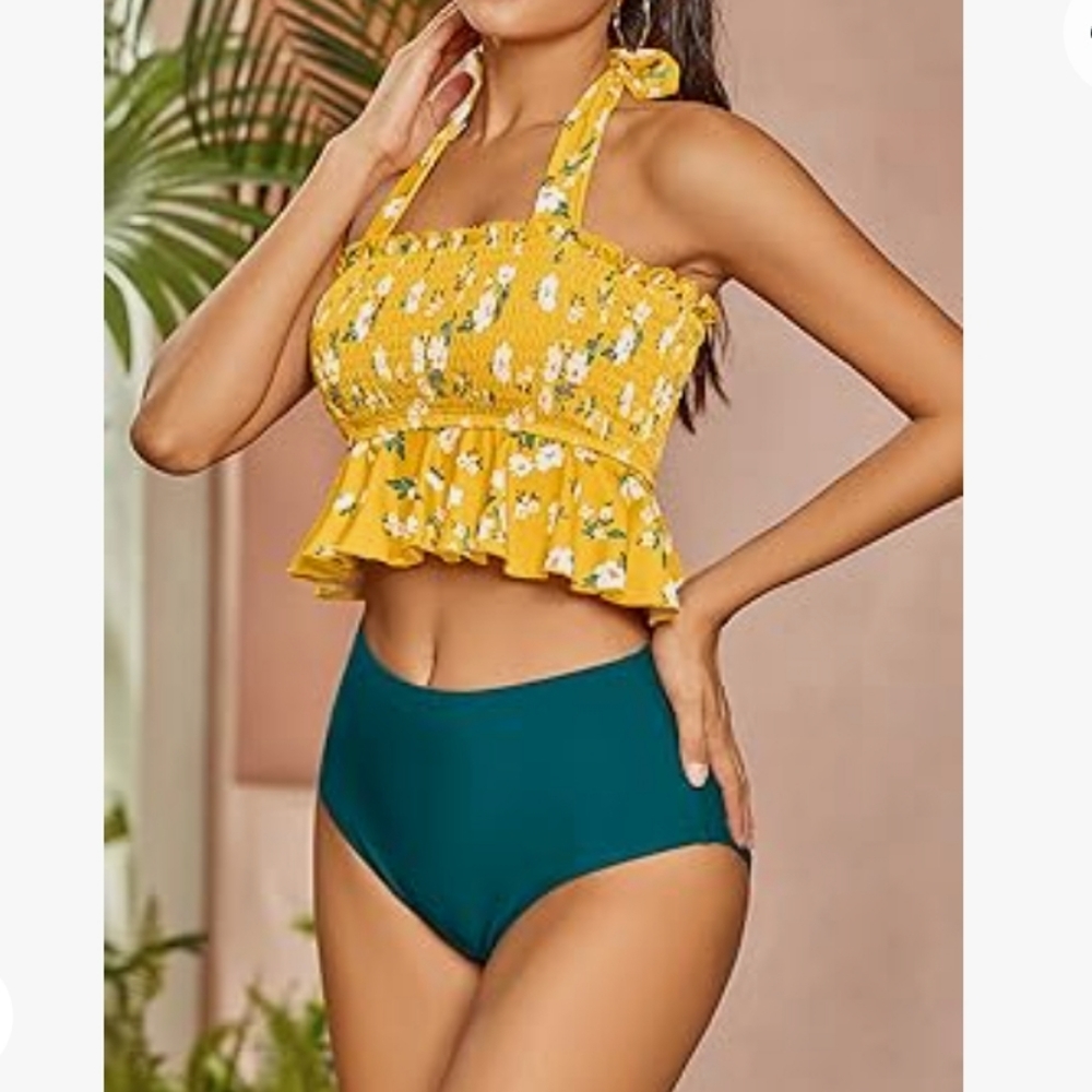 Womens High Waisted Peplum Halter Tankini Ruffle Floral Print Teen Modest Bikini